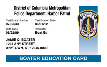 District of Columbia Boating safety education card