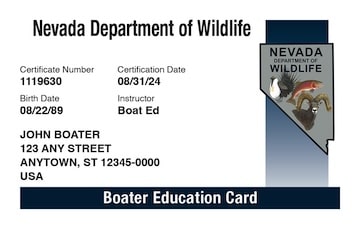 Nevada Boating safety education card