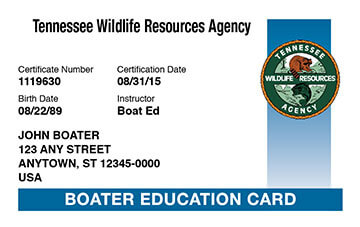 Tennessee Boating safety education card