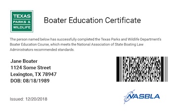 Texas Boating safety education card