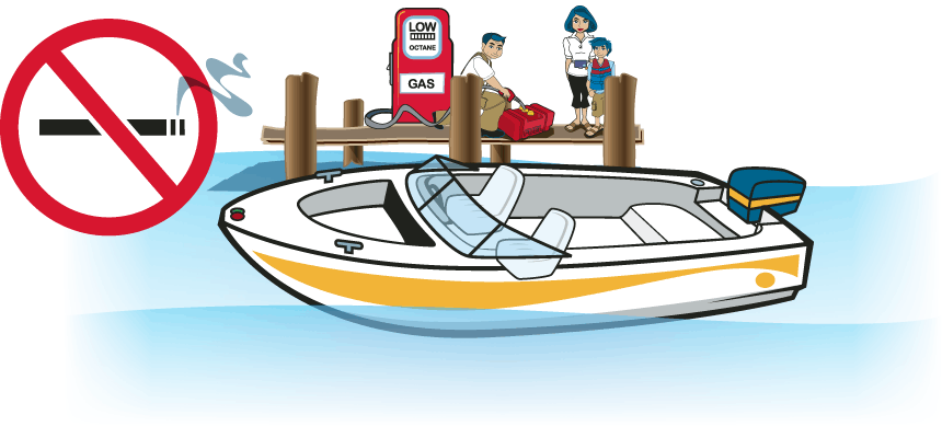 a no smoking sign, while a family stands next to an anchored power boat adding fuel to a gas canister