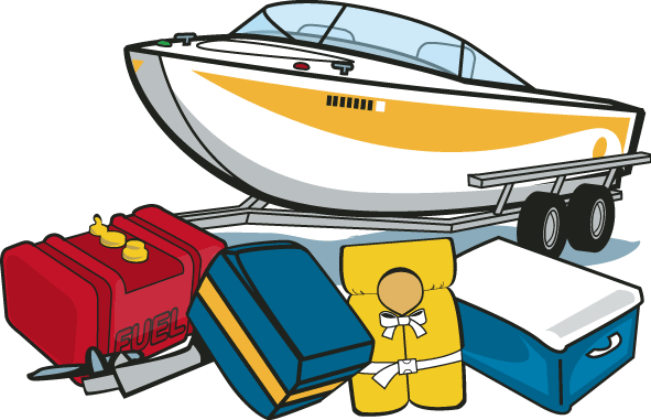 boat on trailer with safe boating equipment; fuel, personal flotation devices, cooler, and toolbox