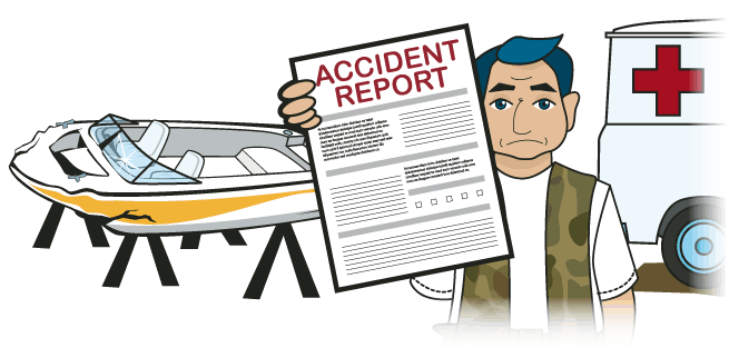 a man standing in front of an ambulance and a wrecked boat while holding up an accident report