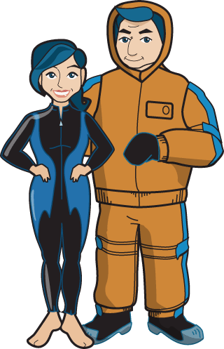 a woman wearing a wetsuit standing next to a man wearing a cold water immersion suit