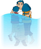 three people floating in water wearing PFDs huddled together with arms wrapped around one another