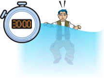 a person in water wearing a PFD next to a timer set to 30 minutes