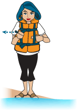woman standing close to water properly fitting her orange PFD