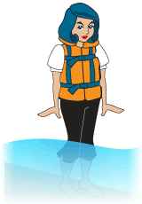 woman standng knee deep in water wearing an orange personal flotation device