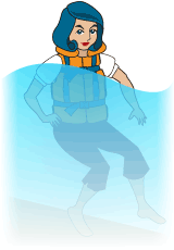 woman shoulder deep in water wearing an orange PFD