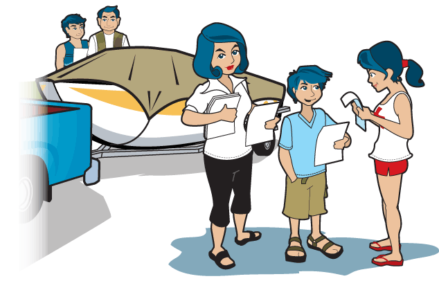 a family standing together close to their towed boat filling out a float plan