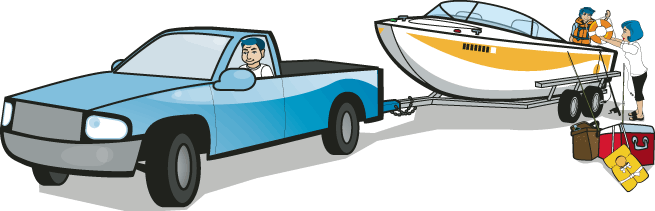 man in a blue truck towing a power boat being loaded with gear by two people