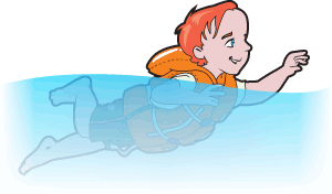 a child swimming in water wearing an orange personal flotation device