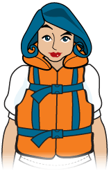 woman wearing a personal flotation device; type I offshore life jacket