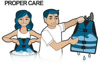 proper care of PFDs; a woman washing a blue PFD and a man hanging the PFD to dry