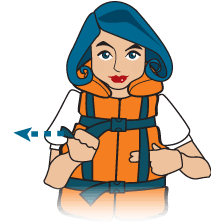 woman standing wearing an orange personal flotation device