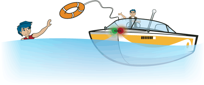 man on boat rendering assistance to boy in water throwing over an orange life ring buoy