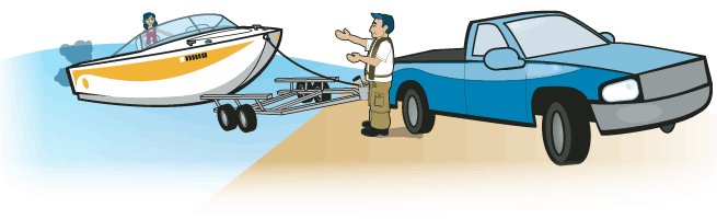 a man standing next to a blue car with the boat line attached ready for towing