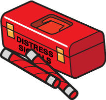 red storage box labeled distress signals with 2 flares in front of the box