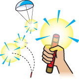 pyrotechnic visual distress signals; a parachute flare, multi-star flare, handheld flare, orange smoke flare