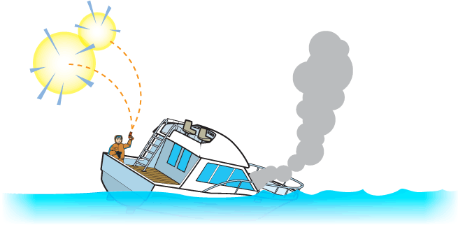 person on a sinking boat shooting a flare gun towards the sky