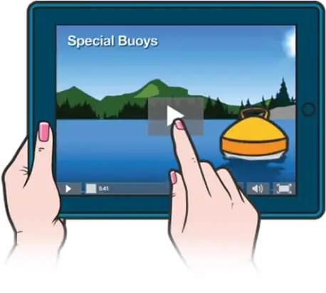 person pressing play on a boating safety course video on a tablet screen