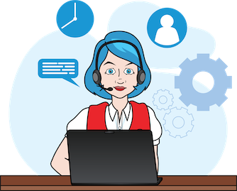 A customer service agent with blue hair on laptop