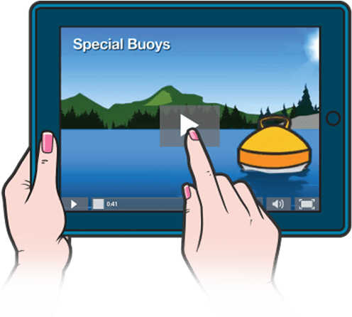 person pressing play on a boating safety course video on a tablet screen