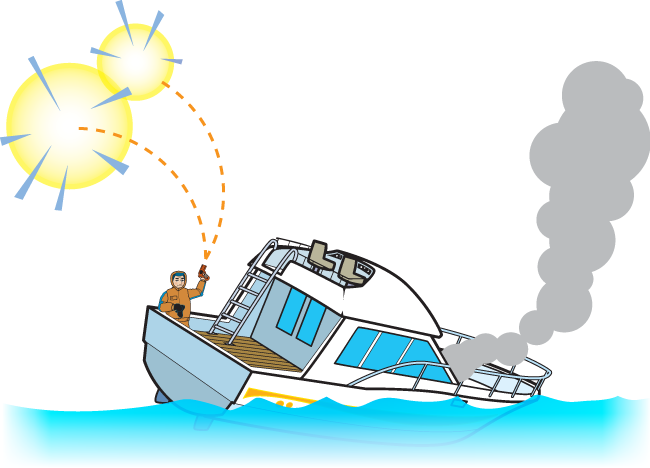 man on sinking boat with a pyrotechnic visual distress signal