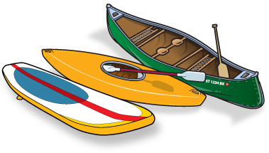 a canoe, kayak, and paddleboard