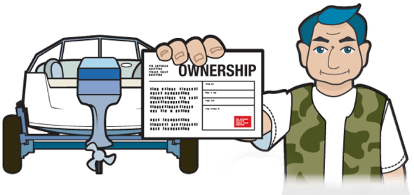 man standing next to a vessel holding ownership certificate