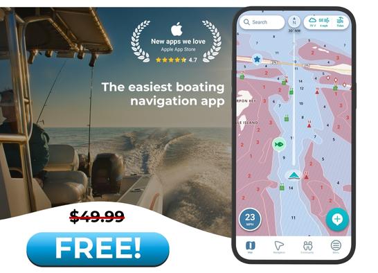 Waave boating app on a mobile phone, Apple App Store - New apps we love - 4.7 stars rating - “The easiest boating navigation app” - normally $49.99, now FREE!