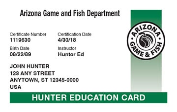 Arizona Hunting hunter safety education card