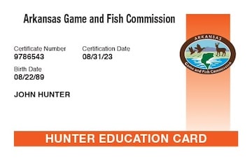 Arkansas Hunting hunter safety education card