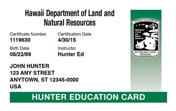 Hawaii hunter safety education card