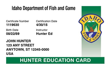 Idaho Hunting hunter safety education card