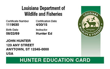 Louisiana Hunting hunter safety education card