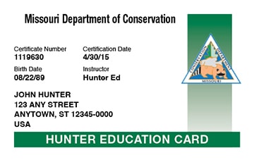 Missouri Hunting hunter safety education card
