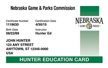 Nebraska Hunter and Bowhunter hunter safety education card