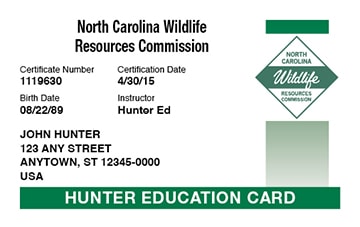 North Carolina Hunting hunter safety education card