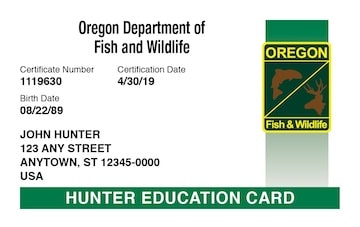 Oregon Hunting hunter safety education card