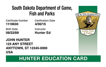 South Dakota Hunting hunter safety education card