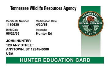 Tennessee Hunting hunter safety education card