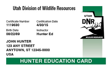 Utah Hunting hunter safety education card