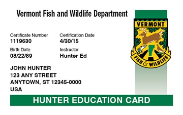 Vermont Hunting hunter safety education card