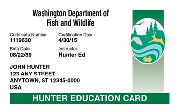 Washington Hunting hunter safety education card