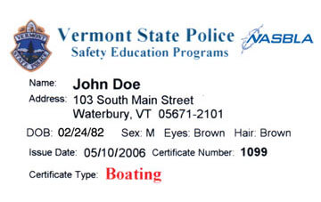 Vermont Boater Education Card