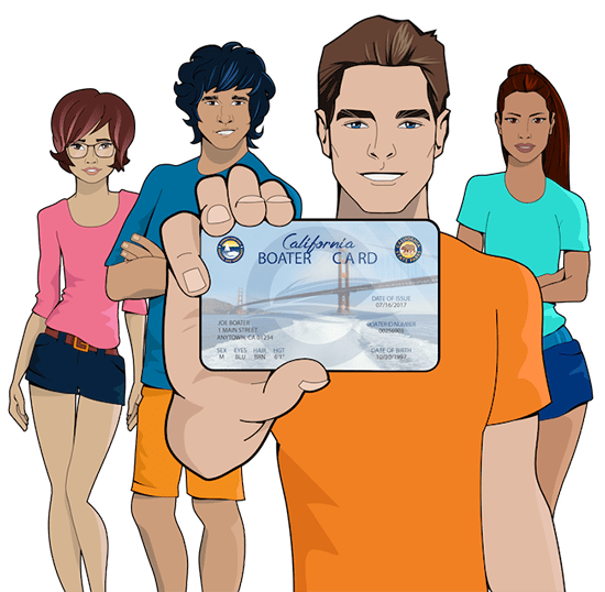 iLearnToBoat characters holding California safety education card