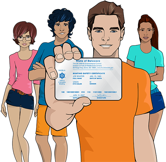 iLearnToBoat characters holding Delaware safety education card