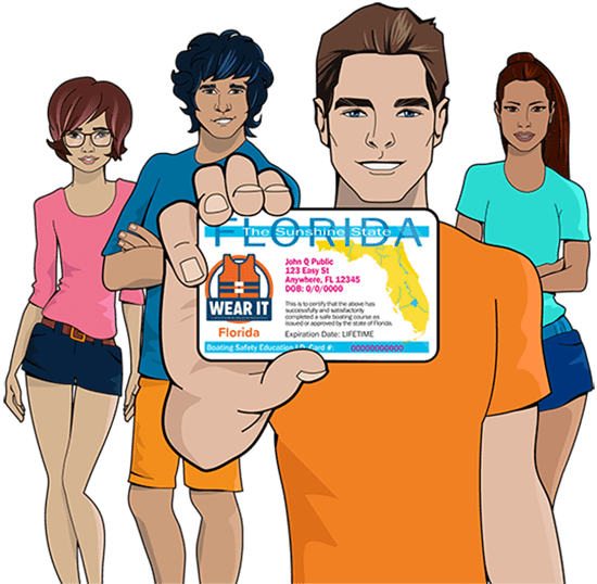 iLearnToBoat characters holding Florida safety education card