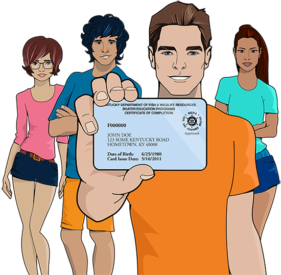iLearnToBoat characters holding Kentucky safety education card